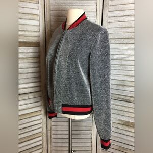 Forever 21 Metallic Silver Bomber Jacket with Red And Black Accents